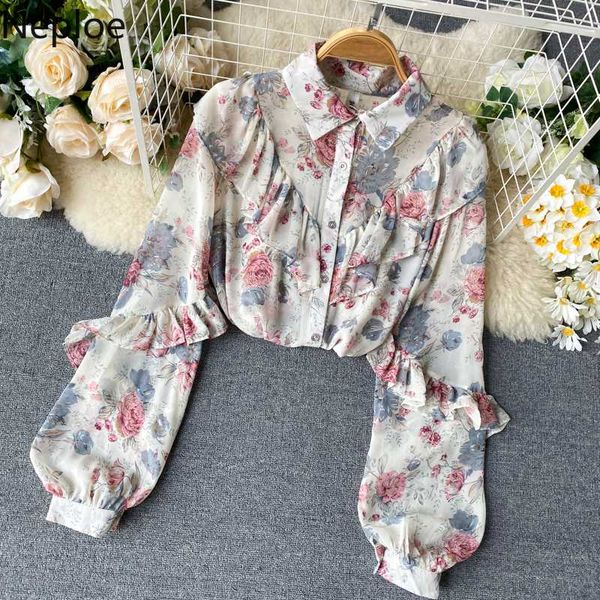 

neploe elegant ruffles print chiffon shirt turn down collar puff long sleeve single breast loose blusas holiday pullover shirt, White
