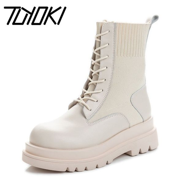 

boots tuyoki women ankle leather fashion platform warm winter shoe woman cross strap short boot thick heel footwear size 35-40, Black