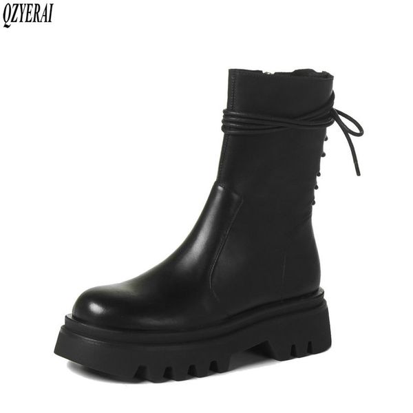 

boots genuine leather women motorcycle warm female winter shoes ankel for ankle, Black