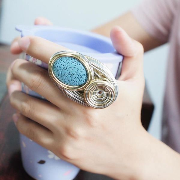 

cluster rings manilai bohemia handmade vesuvianite for women fashion jewelry gold color wire helical wound beads finger ring, Golden;silver