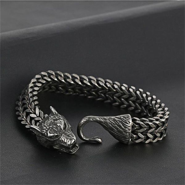 

viking wolf bracelet viking wolf head wolftail titanium steel bracelet men's domineering jewelry gift bag, Black