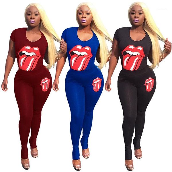 

designer tracksuits 2pcs clothing sets tshirts pants women printed big tongue suits summer fashion, Gray