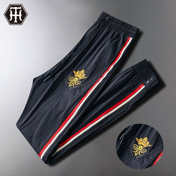 

2020 summer casual pants men bee embroidery ice silk thin ankle pants men's sports casual comfortable pants fashion, Black
