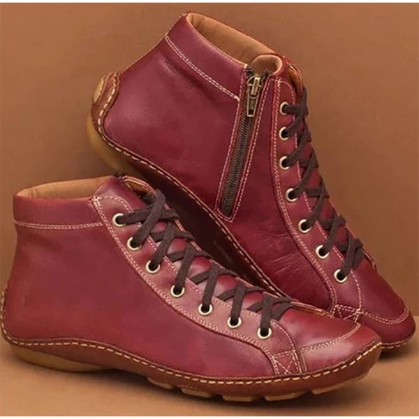 

women vintage ankle boots 2020 woman comfort flats women's soft leather short boot ladies zippers female fashion shoes plus size, Black