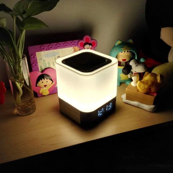 

wireless portable bluetooth speaker with bedside lamp night light touch control & 4000mah battery digital calendar alarm clock musky dy28