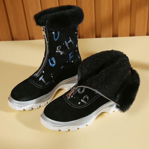 

2020 new winter shoes women's snow boots cow suede printing plush keep warm snow boots women's ankle bottes femme, Black
