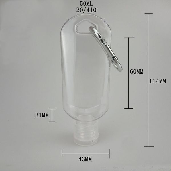 

50ml empty alcohol refillable bottle with key ring hook random colors 1.7oz clear transparent plastic hand sanitizer bottle for travel
