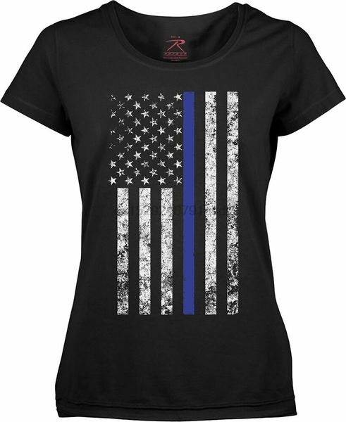 

womens black us flag distressed thin blue line support the police long t-shirt