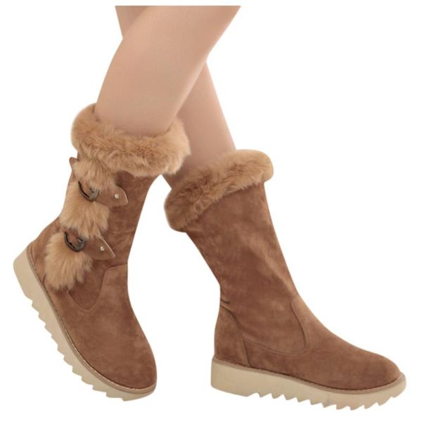 

winter womens plush insole snow boots leisure flock casual shoes woman round toe buckle keep warm female brown rubber snow boots, Black