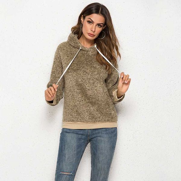 

women's hoodies & sweatshirts women plush hooded drop-shoulder pullover sweatshirt autumn winter coat warm outerwear female, Black