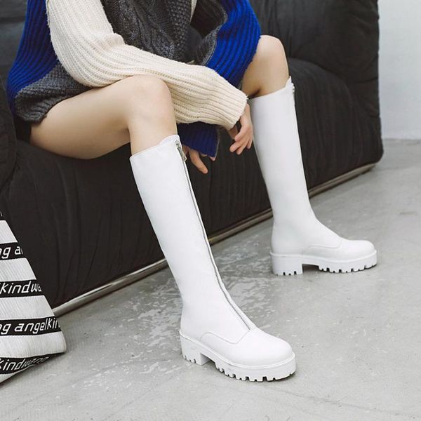 

zipper women's rubber boots thigh high heels high fashion womens shoes 2020 winter footwear platform round toe, Black