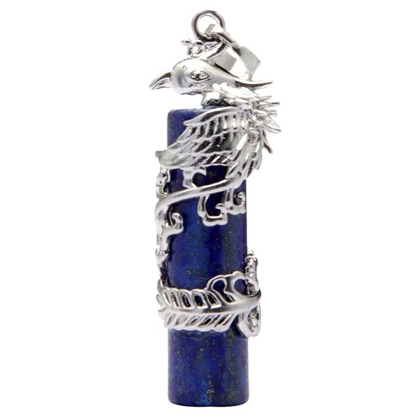 

men women natural gemstone pendant cylinder bar with phoenix wrapped pendant, Silver