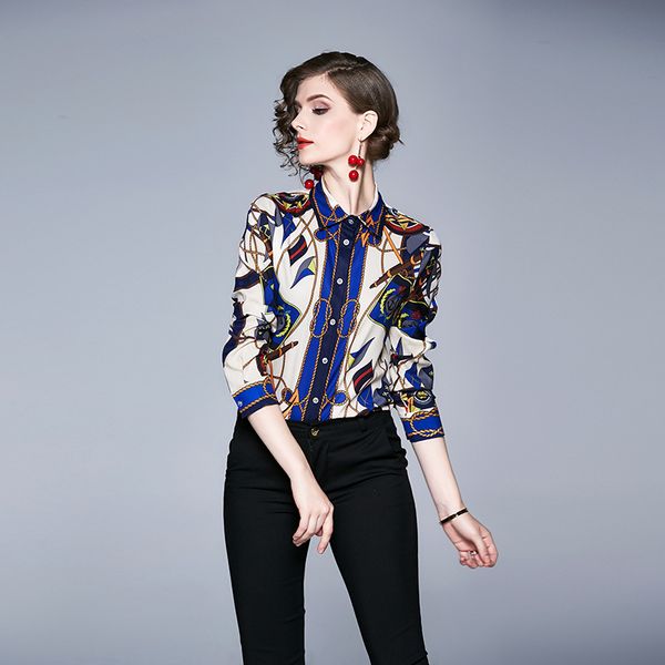

s  l xl xxl new autumn 2020 women blouse shirt long sleeve digital blue print slim office lady top, White