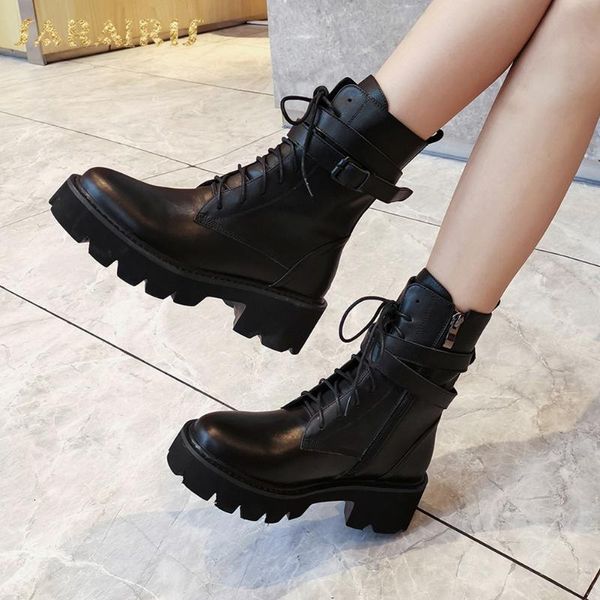 

brand new big size 43 square heels fashion buckle shoelaces genuine leather winter shoes women cow skin motorcycles boots female, Black