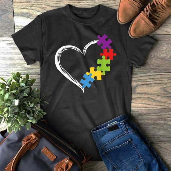 

love ribbon heart puzzle autism awareness gift t-shirt fashion tee shirt
