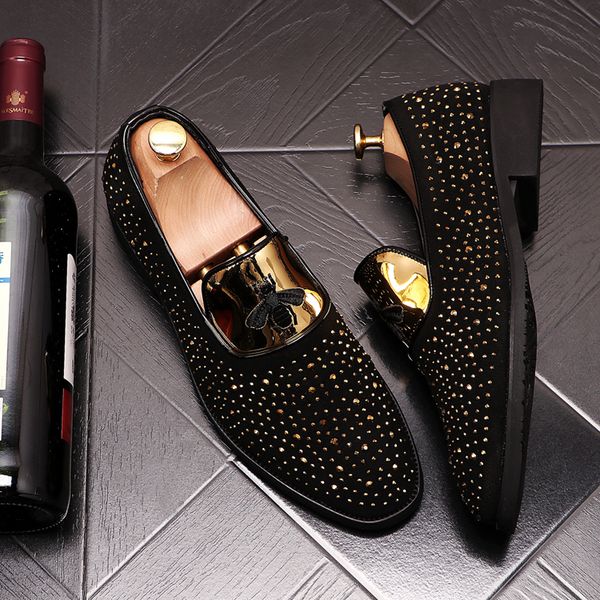 

fashion designer men nubuck leather embroidery bee shoes luxury flat walking shoe dress party 498, Black
