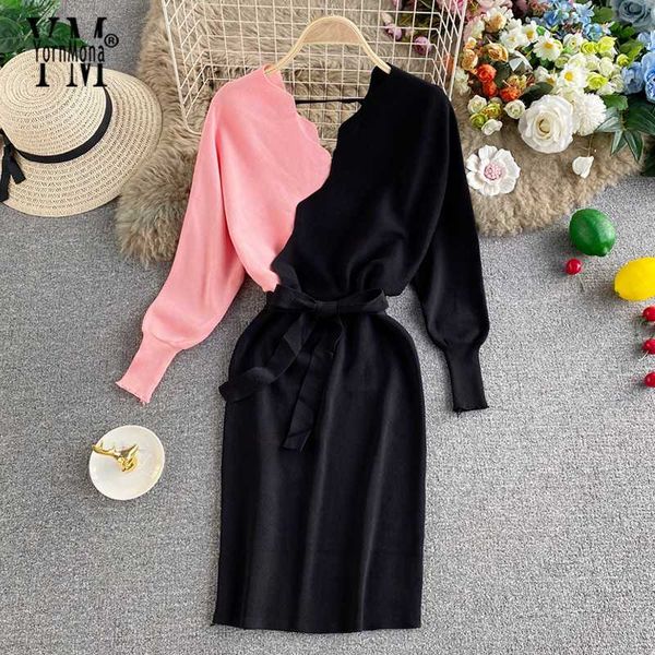 

casual dresses yornmona ins fashion colors knit women dress 2021 autumn winter elegant batwing sleeve v-neck sweater ladies office, Black;gray