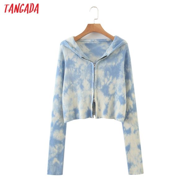 

tangada 2020 women tie-dye hooed cardigan jumper zipper female strethy knitted cardigan qb209, White