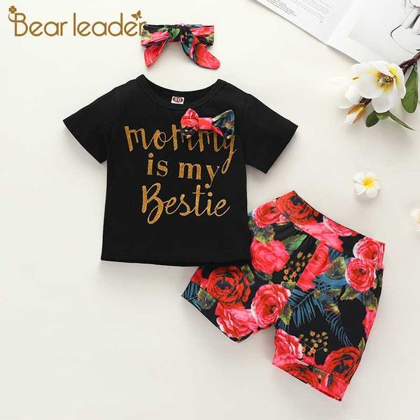 

bear leader casual clothing sets girl summer outfits 2pcs letter bow shirts and print shorts little girls fashion lovely suits, White