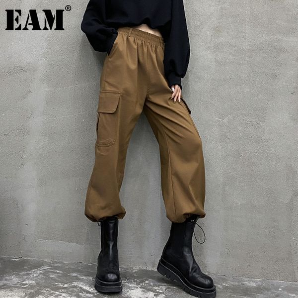 

eam] high elastic waist coffee color wide leg long trousers new loose fit pants women fashion tide spring autumn 2020 1db273, Black;white