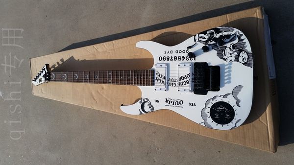 

white electric guitar with moon goddess pattern, floyd rose, star inlaid fingerboard, black hardware, precision production, high quality
