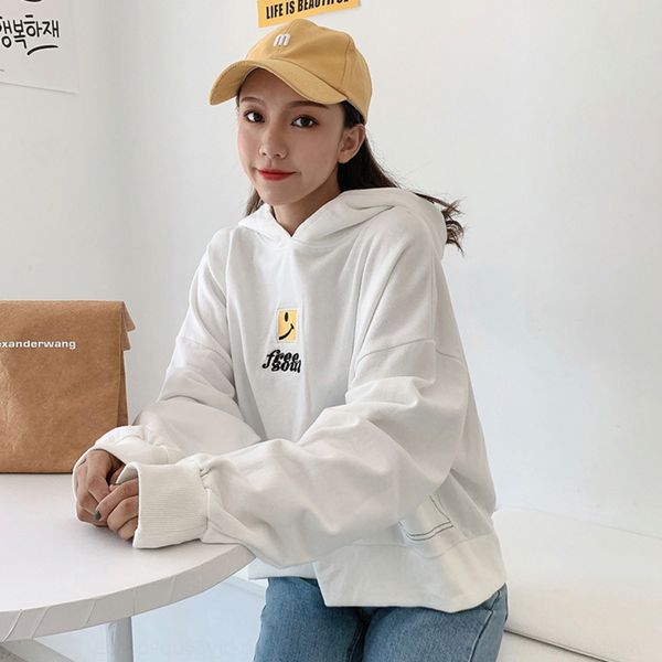

2020 autumn and winter new korean style hooded sweater women's smiling face embroidered hoodie hoodie hoodieembroidery loose all-match, Black