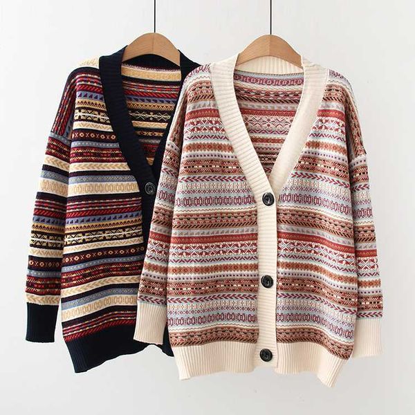 

women autumn cardigan with striped print long sleeve knitted coat femme casual loose thick winter christmas sweater outwear coat, White