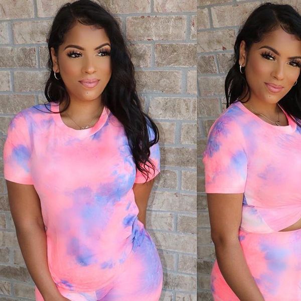 

tie dye двухкусочный набор для женщин летняя одежда tshirts байкер шорты комплект костюмы повседневный matching наборы беговая femme 2020, Gray