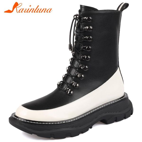 

boots karin ladies mix color round toe thick sole chunky heels cross tied zip women genuine leather shoes, Black