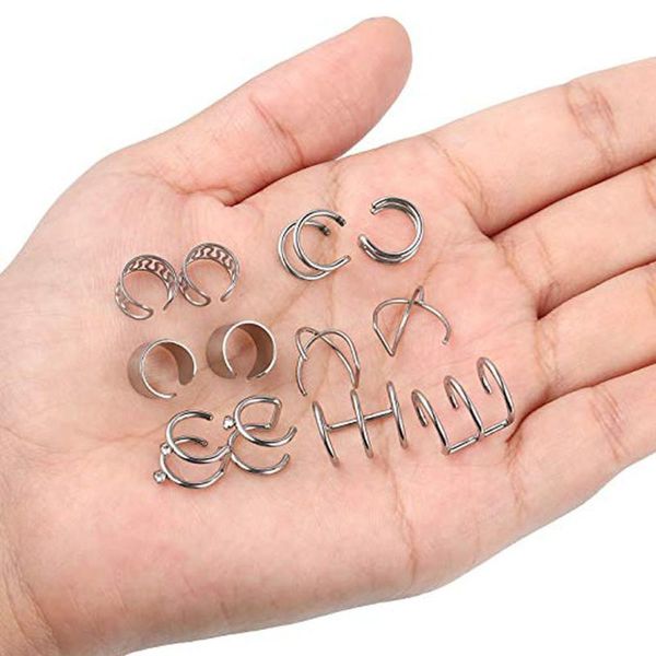 

hoop & huggie 6 pairs stainless steel ear clips non piercing earrings cuffs x4ya, Golden;silver