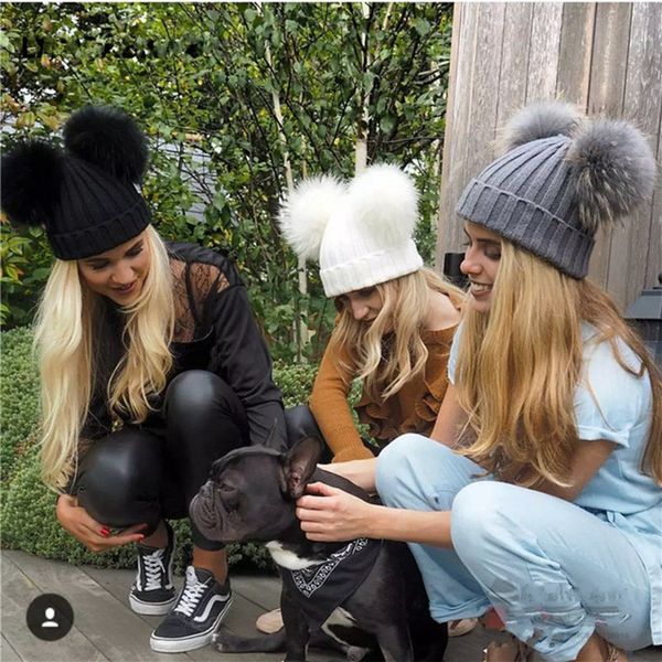 

autumn and winter baby hat boy girl artificial double hair ball cap fashion woman warm casual knit hat, Blue;gray