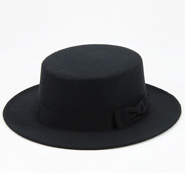 

wide brim hats luckylianji wool felt pork pie boater flat hat for women's men's fedora gambler bowknot band ornaments 57cm, Blue;gray
