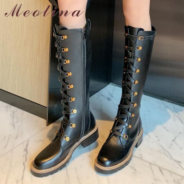 

meotina winter knee high boots women natural genuine leather thick heel long boots zipper round toe shoes lady fall big size 43, Black