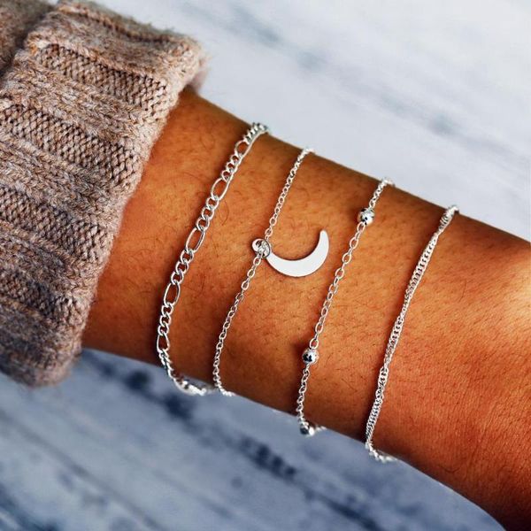 

new supply moon pendant bead bracelet four piece set 4 pcs/set, Golden;silver
