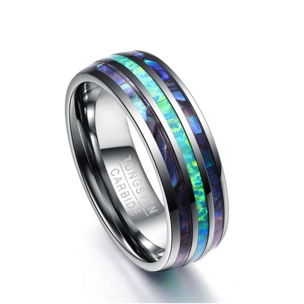 

wedding rings 8mm wide polished abalone shell tungsten carbide dome triple grooved opal steel ring never fade, Slivery;golden