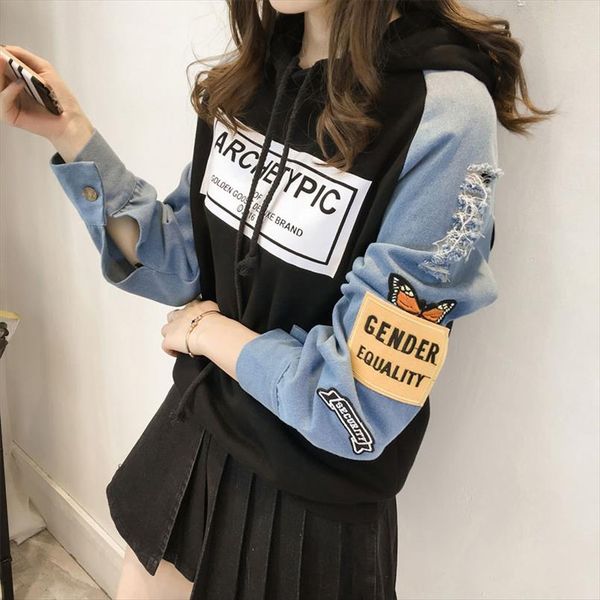 

плюс размер m 3xl женщина ripped denim толстовки корейский с длинным рукавом пуловеры письмо печати cartoon толстовка вышивки толстовки, Black