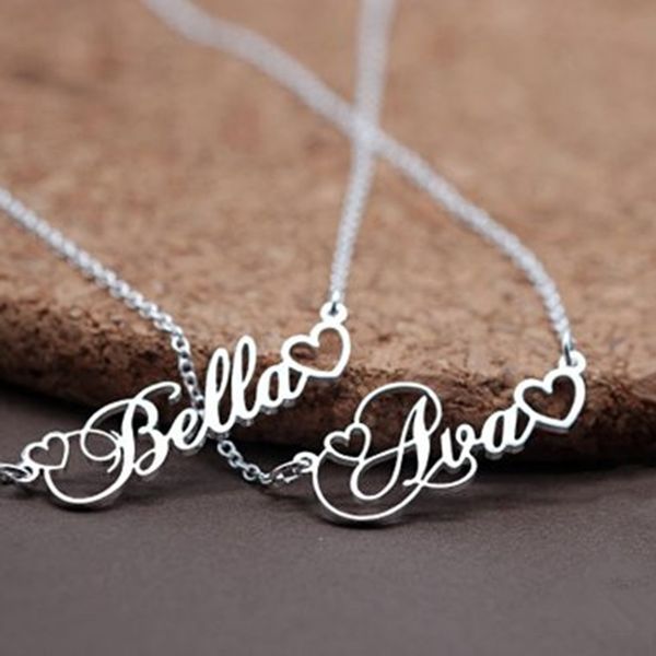 

handmade personalized name pendant with tiny heart cursive nameplate necklace women men customized jewelry kids birthday gift, Silver