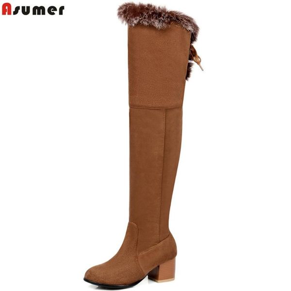 

asumer 2020 fashion new arrive women boots round toe flock ladies boots square heel cross tied faux fur over the knee, Black