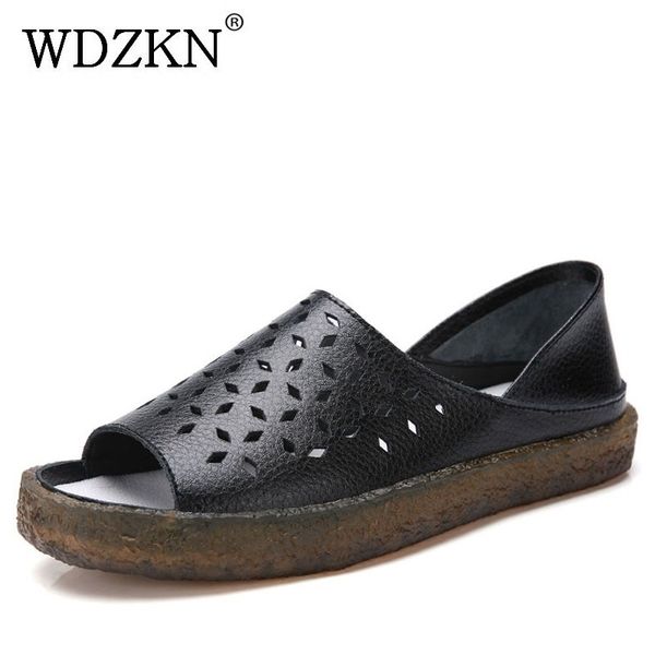 

wdzkn 2020 genuine leather open toe hollow gladiator women summer roman shoes flat casual ladies sandals y200620, Black