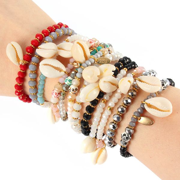 

fashion boho sea shell scallop rose gold charm bracelets & bangles women jewelry crystal beads elastic force bracelet set gifts, Golden;silver