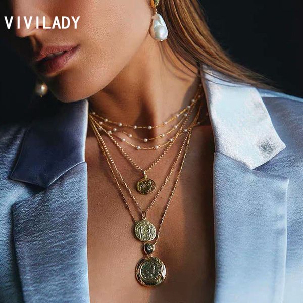

vivilady european vintage multilayer round portrait emboss pendant women pendant necklace chic alloy for female jewelry bijoux, Silver
