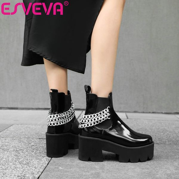 

esveva 2021 slip on pu leather ankle boots autumn winter ladies round toe square high heel women shoes size 34-43, Black