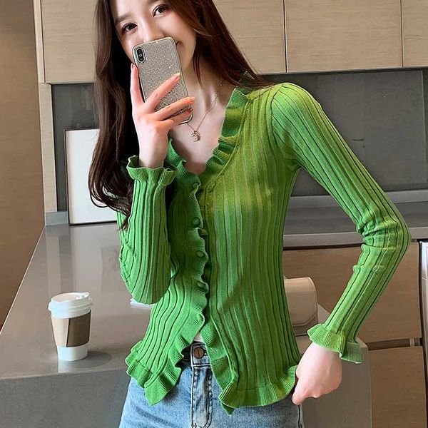 

2020 spring new korean v-neck wave sweaters chic button solid knitted sweater long-sleeved cardigan for women, White