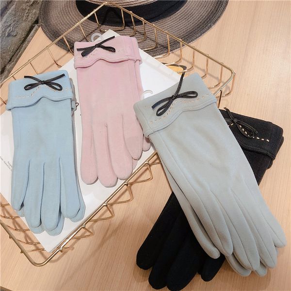 

five fingers gloves women korean touch screen bow thick cute warm, Blue;gray