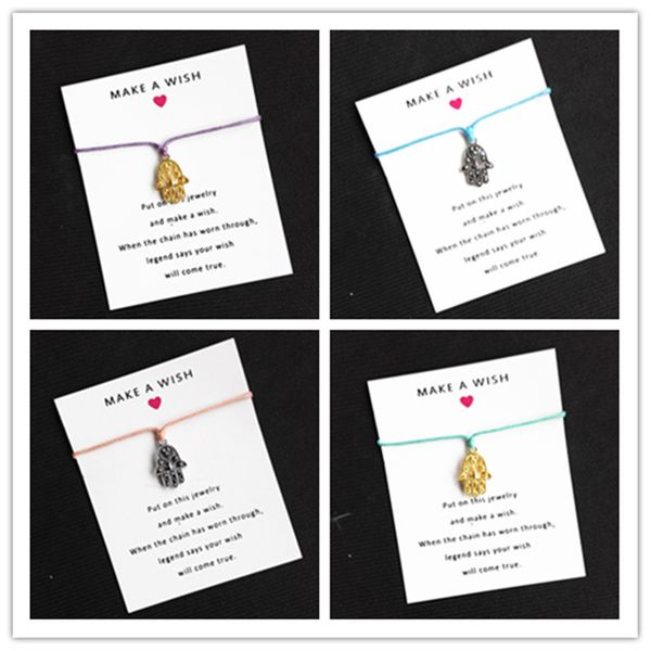 

2 colour fatima hand charm bracelets women gift adjustable hand made cord bracelet wish card bracelets 1pcs, Golden;silver