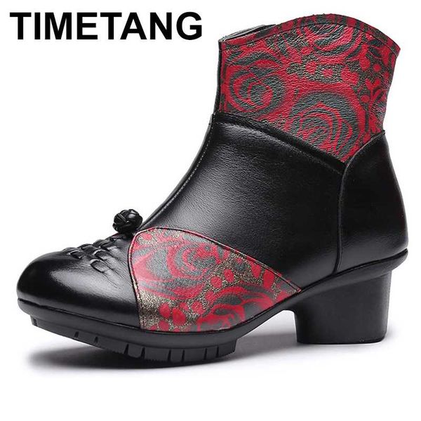 

timetang2020 retro genuine leather boots women thick heel ankle boots bottine femme ethnic style print cotton winter shoes, Black