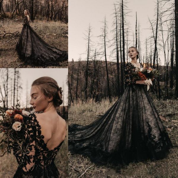 

gothic country black a line wedding dresses 2021 v neck long sleeve appliqued lace bridal gowns boho backless long vestidos de novia al7094, White