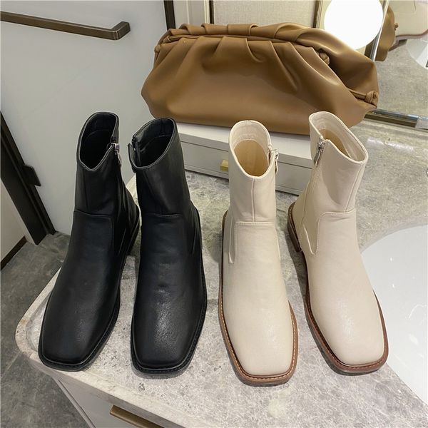 

boots women new 2020 flat heel booties ladies leather women's shoes zipper round toe med rubber rock ankle rome hoof heels pu, Black