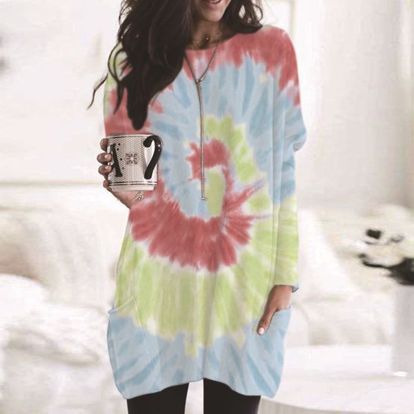 

womens designer tshirt spring autumn long sleeve crew neck tie dye print loose fashion casual women clothing, White