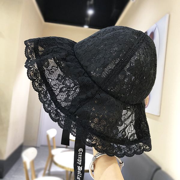 

beanie/skull caps summer strap fisherman hat women embroidered black lace big brim beach travel casual sunshade bucket spring, Blue;gray